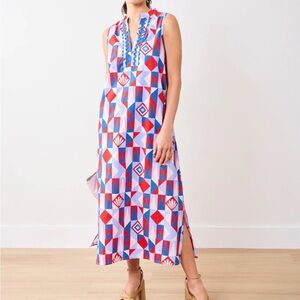 Printfresh Underwater Mosaic Retro Red and Blue Geometric Long Dress Medium